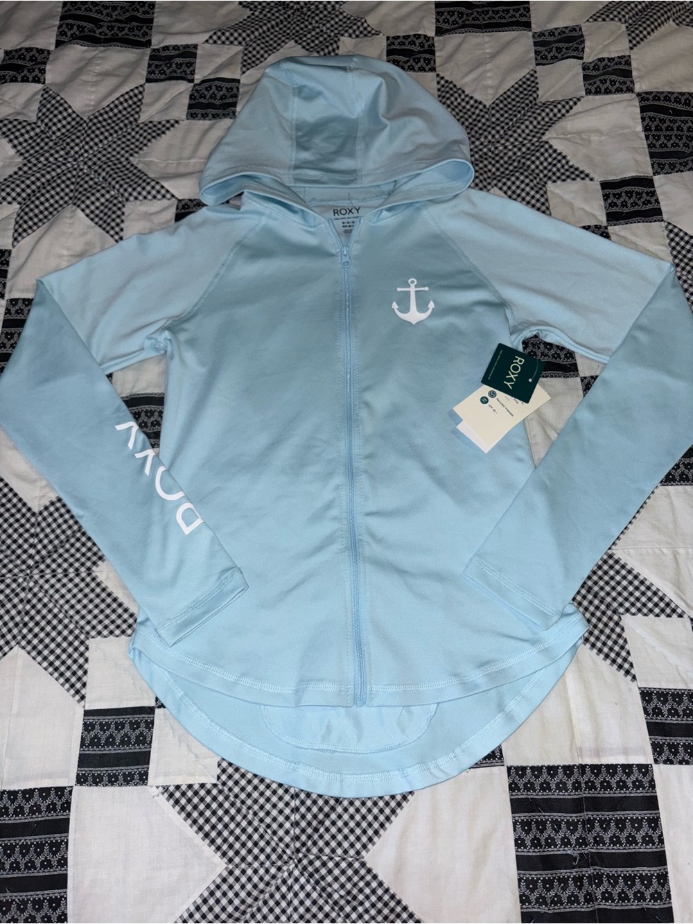 Roxy Light Blue Hooded Zip-Up Rash Guard with White Anchor Women’s M